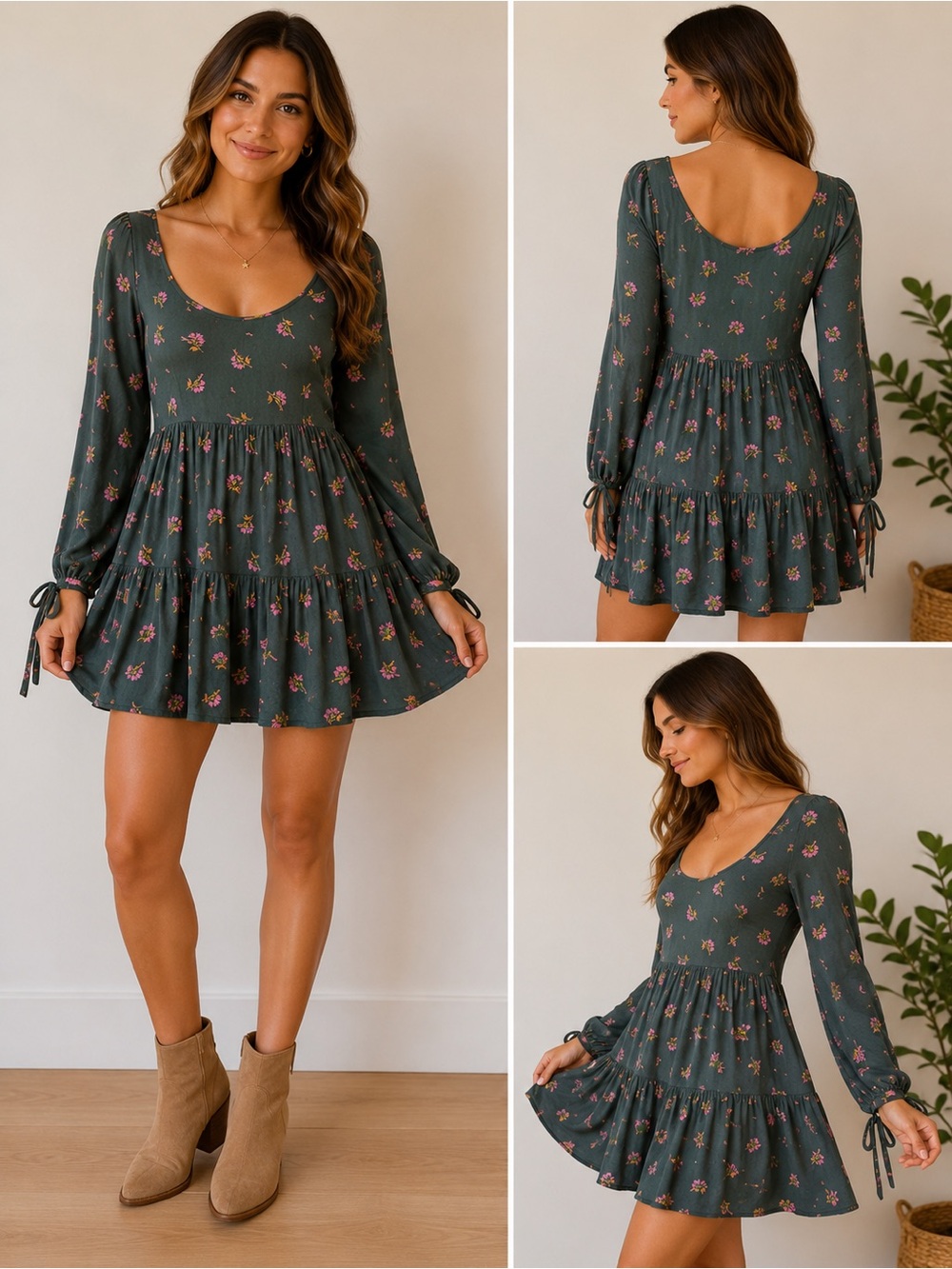 Urban Outfitters Green Floral Scoop-Neck Tiered Mini Dress